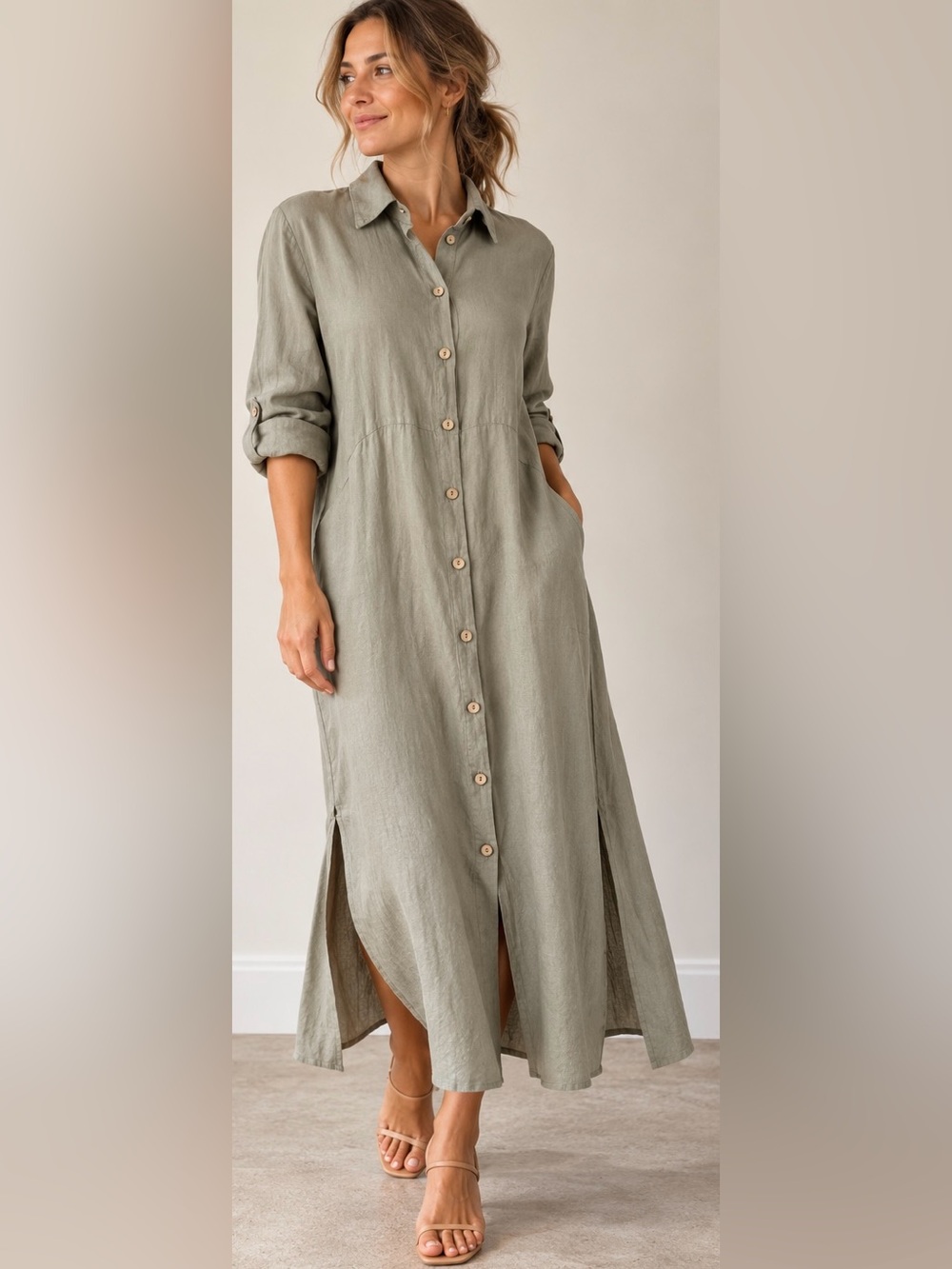 Charlie B. 100% Linen Shirt Dress with Contrasting Sash in Sage.  Made in Italy.